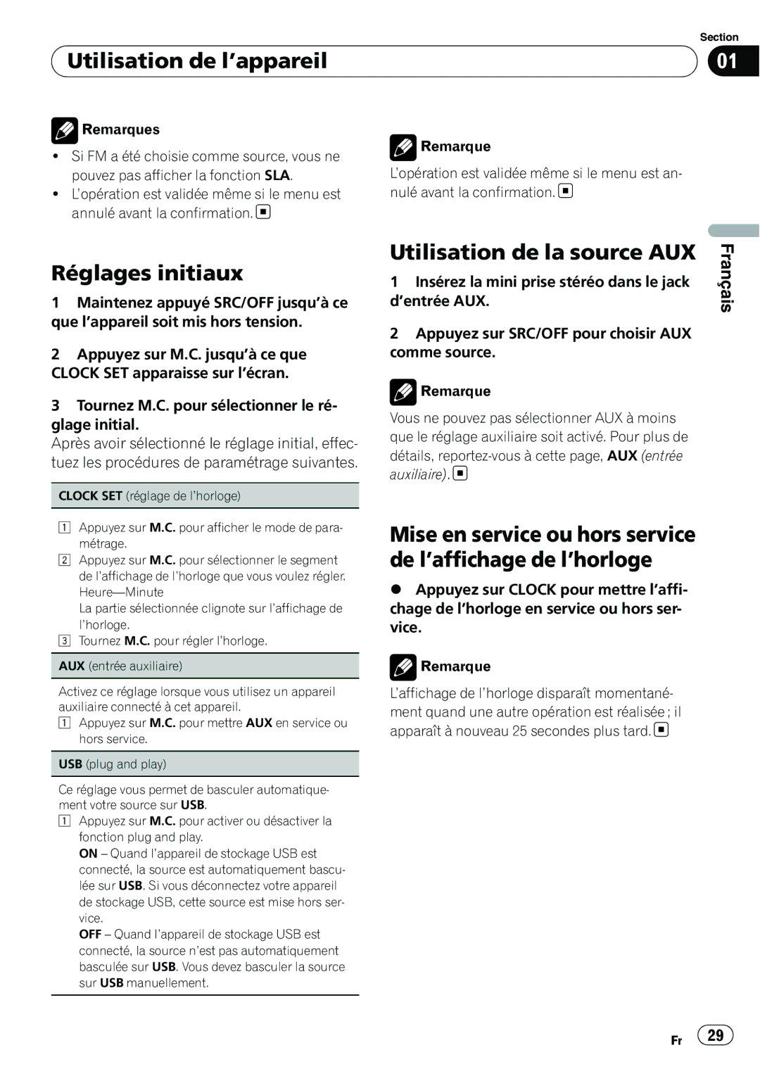 Pioneer DEH-22UB owner manual Réglages initiaux, Utilisation de la source AUX, Insérez la mini prise stéréo dans le jack 