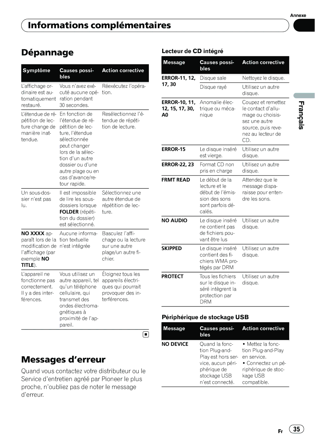 Pioneer DEH-22UB owner manual Informations complémentaires Dépannage, Messages d’erreur, Périphérique de stockage USB, Drm 