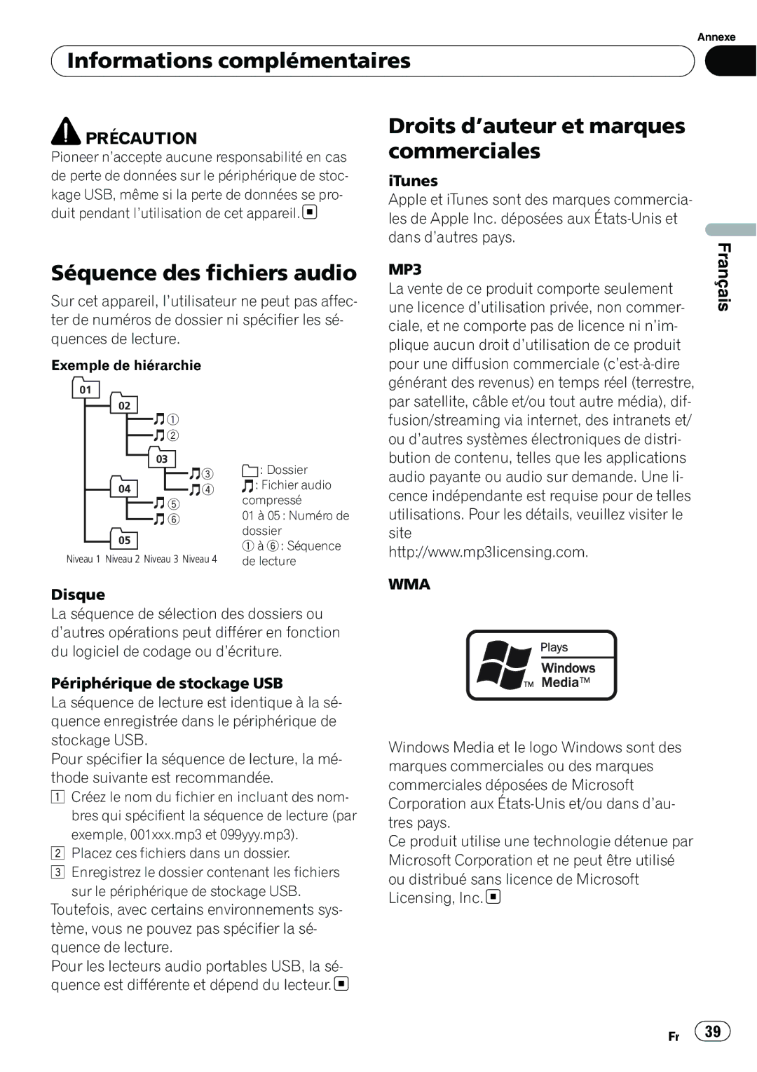 Pioneer DEH-22UB Séquence des fichiers audio, Droits d’auteur et marques commerciales, Exemple de hiérarchie, Dossier 