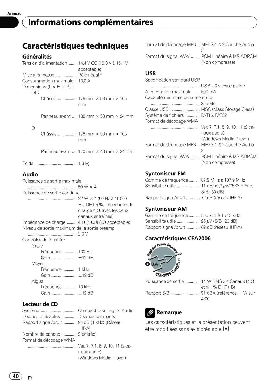 Pioneer DEH-22UB owner manual Informations complémentaires Caractéristiques techniques 