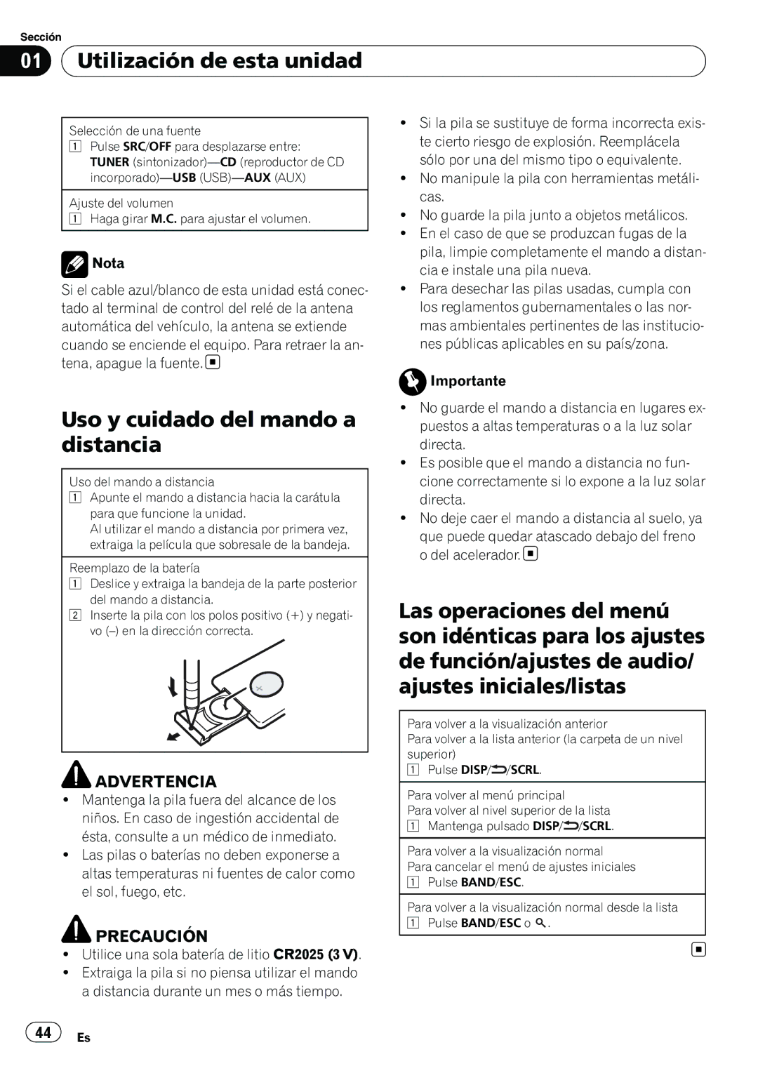 Pioneer DEH-22UB owner manual Utilización de esta unidad, Uso y cuidado del mando a distancia 