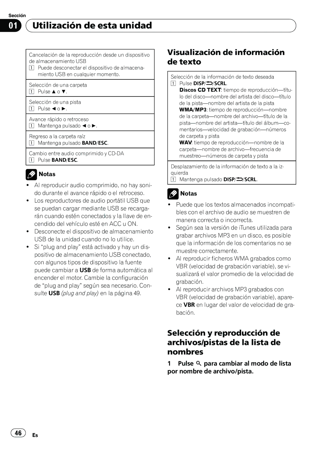 Pioneer DEH-22UB owner manual Visualización de información de texto, Notas, 46 Es 