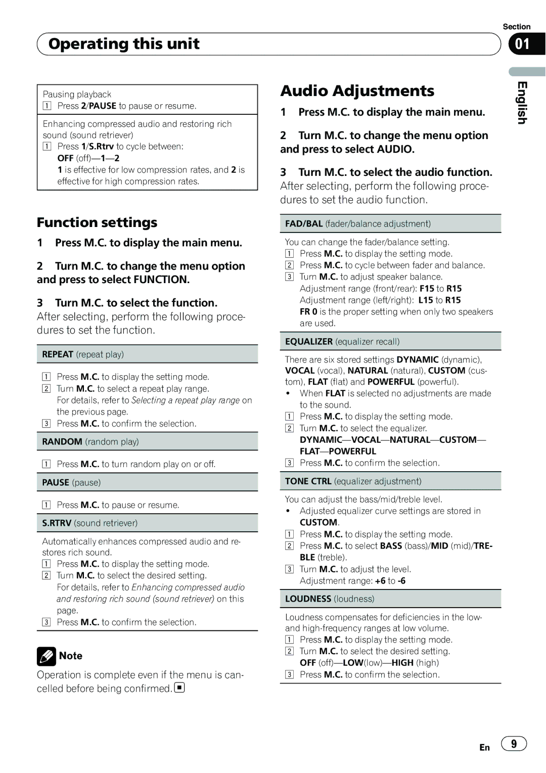 Pioneer DEH-22UB owner manual Audio Adjustments, Press to select Audio, Turn M.C. to select the audio function 