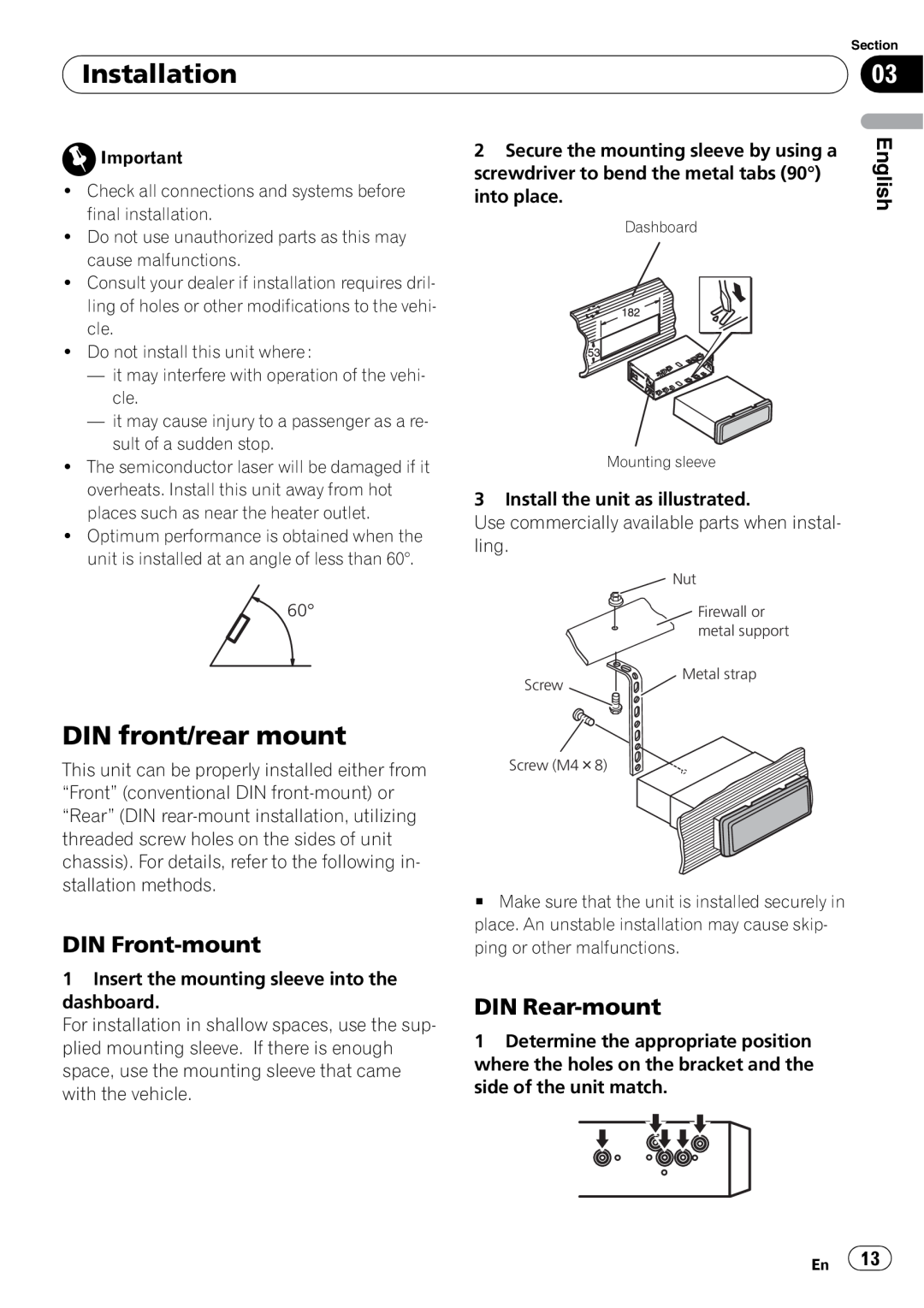 Pioneer DEH-22UB owner manual Installation, DIN front/rear mount, DIN Front-mount, DIN Rear-mount 