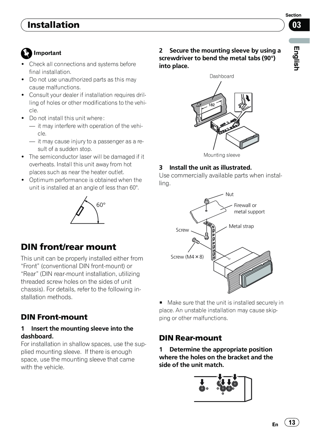 Pioneer DEH-22UB owner manual Installation, DIN front/rear mount, DIN Front-mount, DIN Rear-mount 