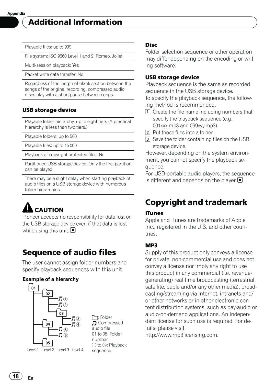Pioneer DEH-22UB owner manual Sequence of audio files, Copyright and trademark, Additional Information 
