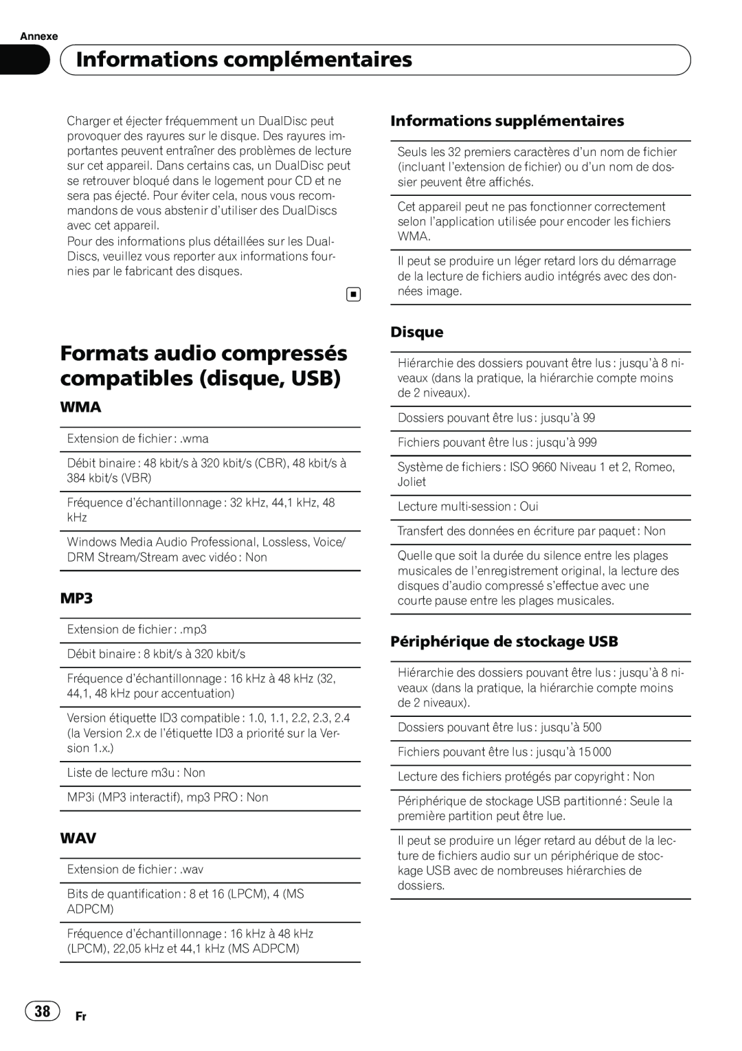 Pioneer DEH-22UB owner manual Formats audio compressés compatibles disque, USB, Informations complémentaires, Disque 
