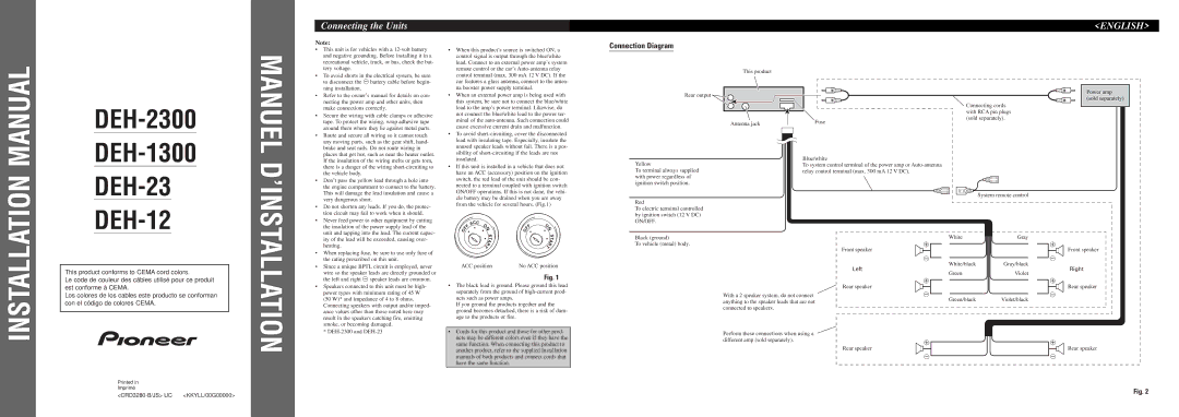 Pioneer DEH-2300, DEH-12, DEH-1300 installation manual Connecting the Units, English, Connection Diagram, ACC position 