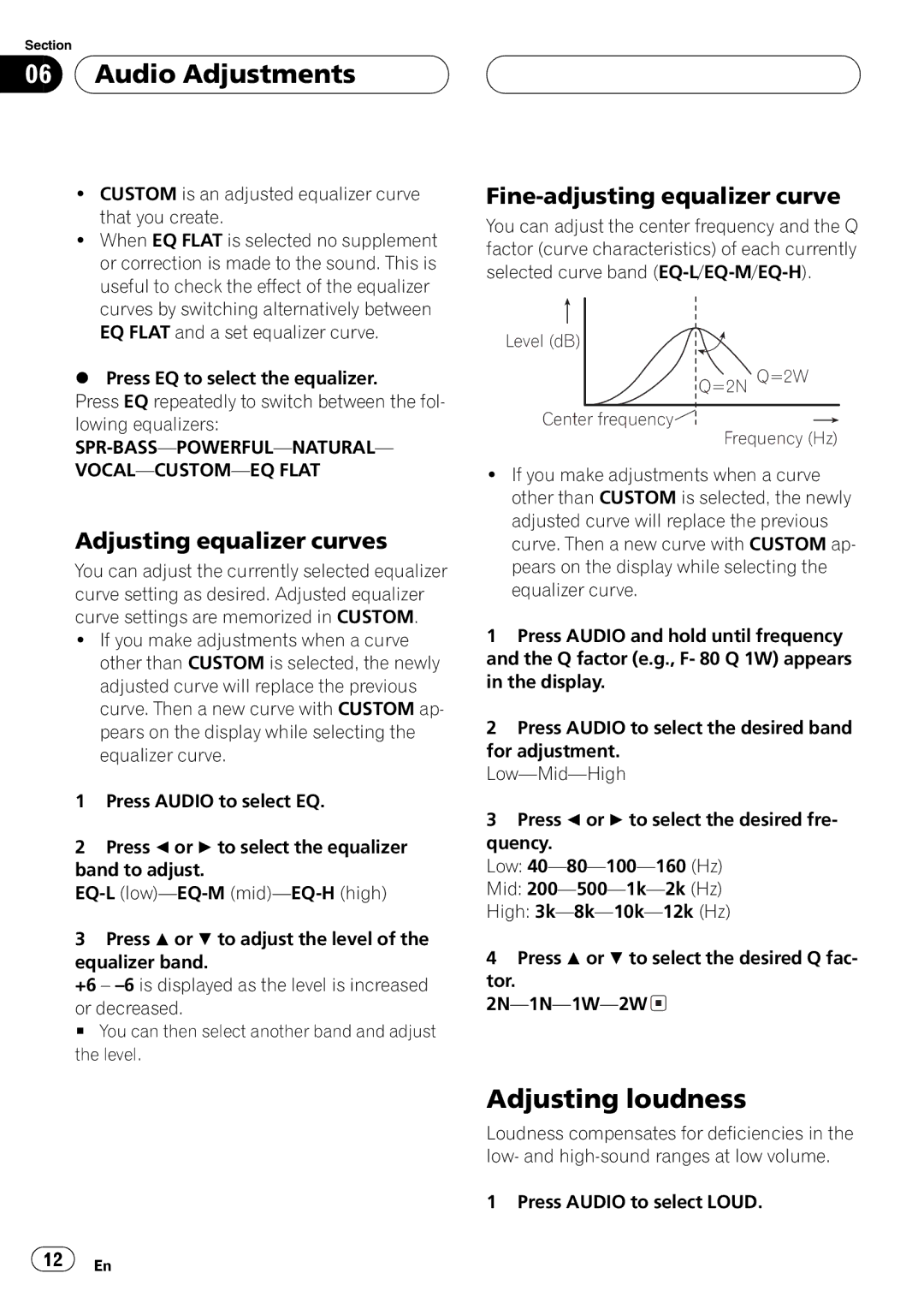 Pioneer DEH-2700 operation manual Level dB =2N Q=2W Center frequency Frequency Hz 