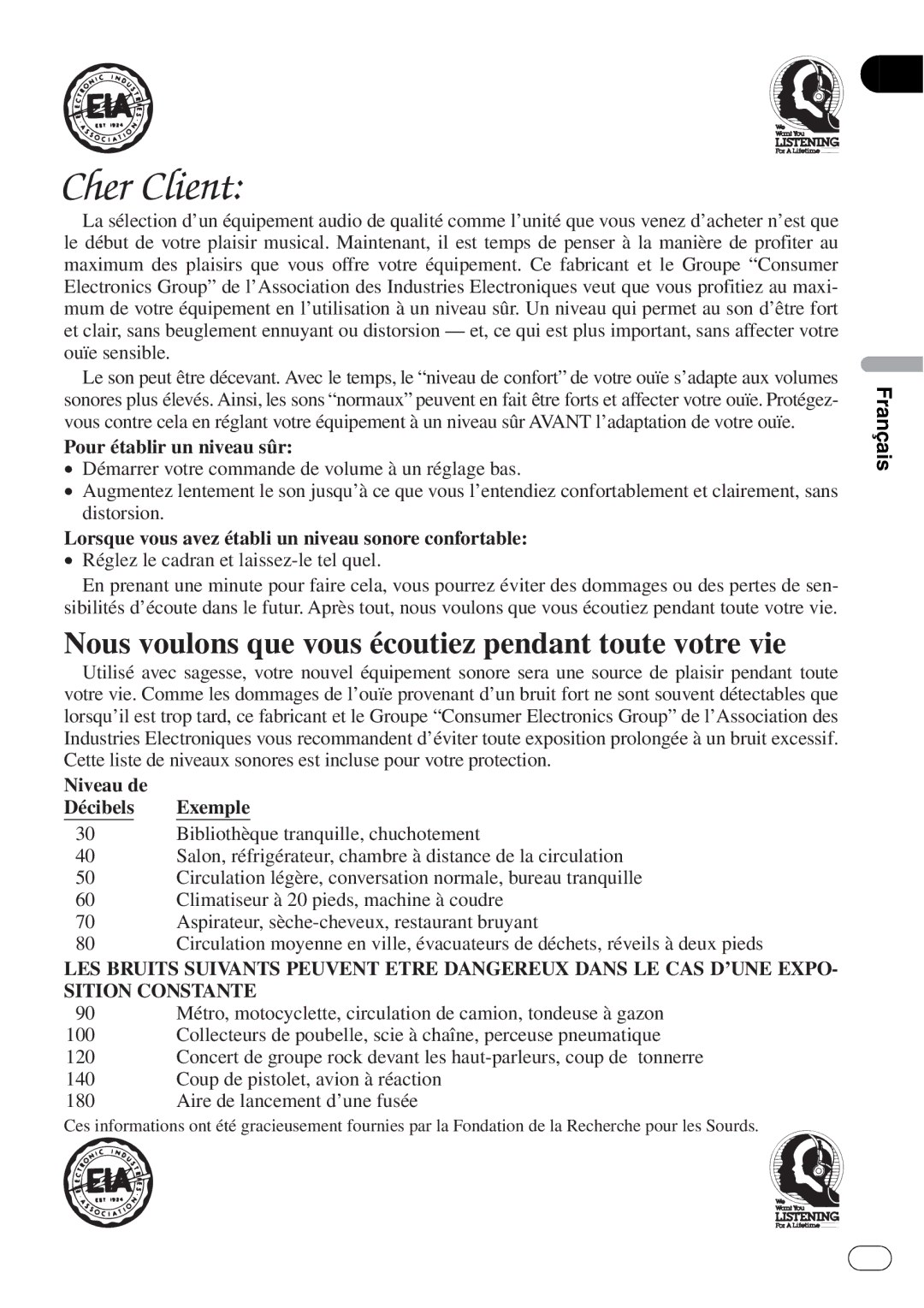 Pioneer DEH-2700 operation manual Nous voulons que vous écoutiez pendant toute votre vie 