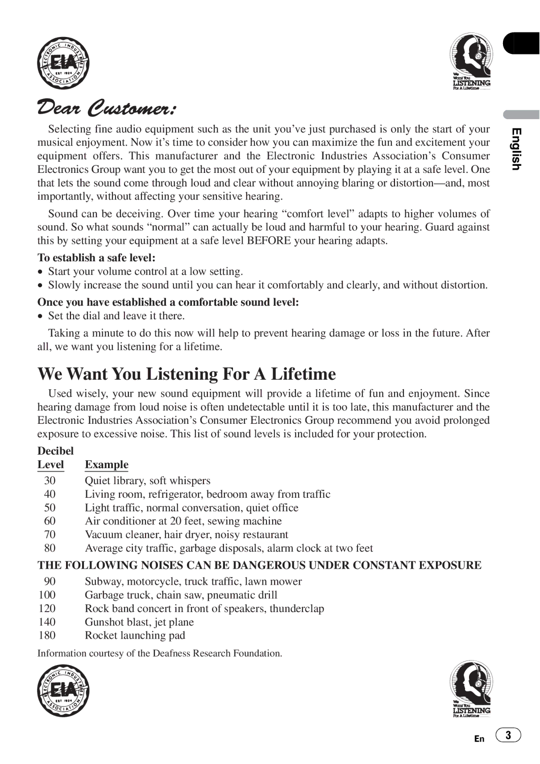 Pioneer DEH-2700 operation manual We Want You Listening For a Lifetime 