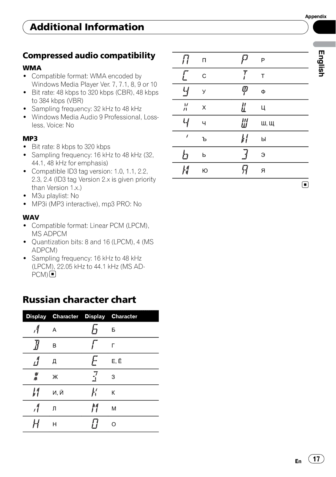 Pioneer DEH-2910MP operation manual Russian character chart, Compressed audio compatibility 