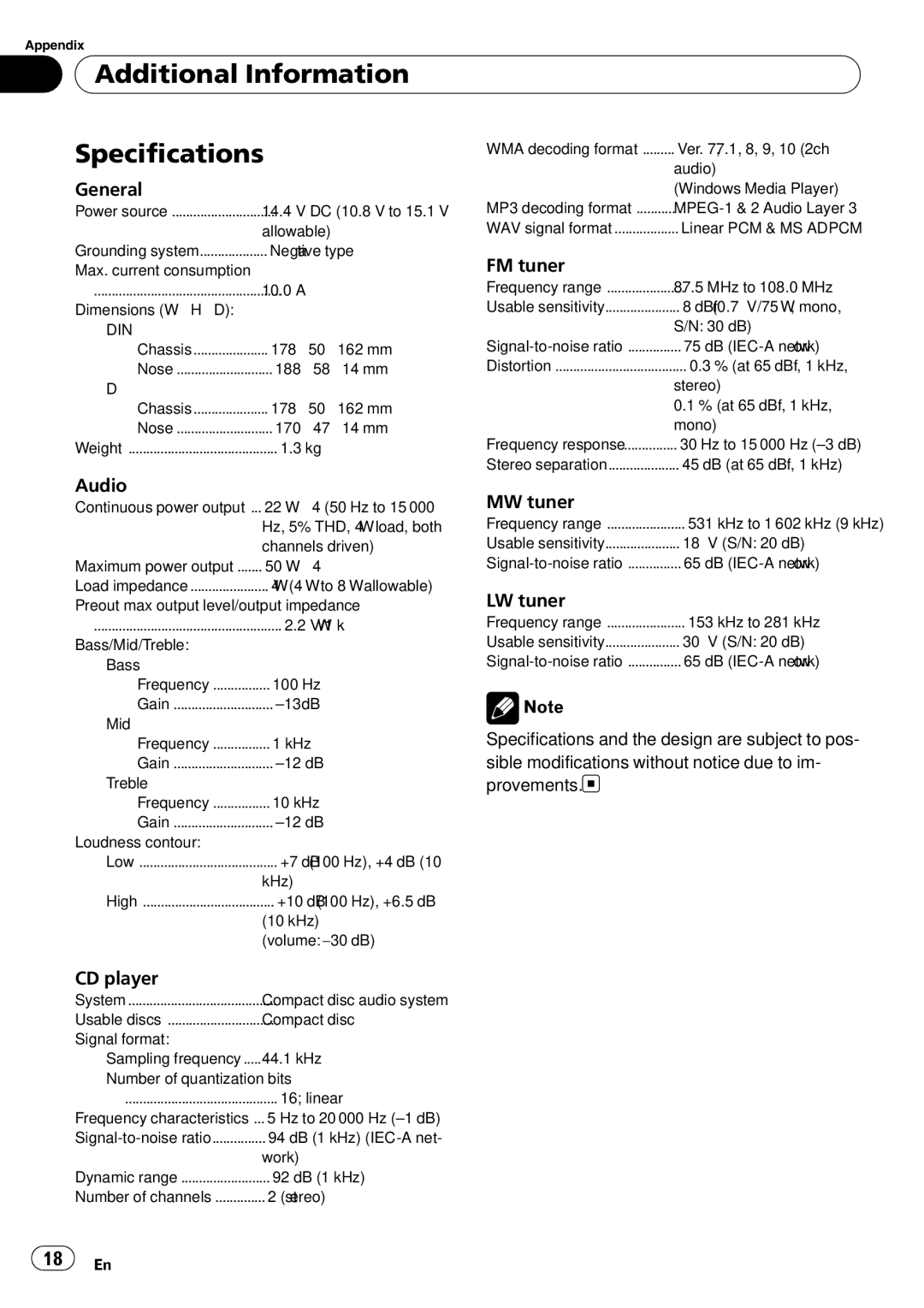 Pioneer DEH-2910MP operation manual Additional Information Specifications 