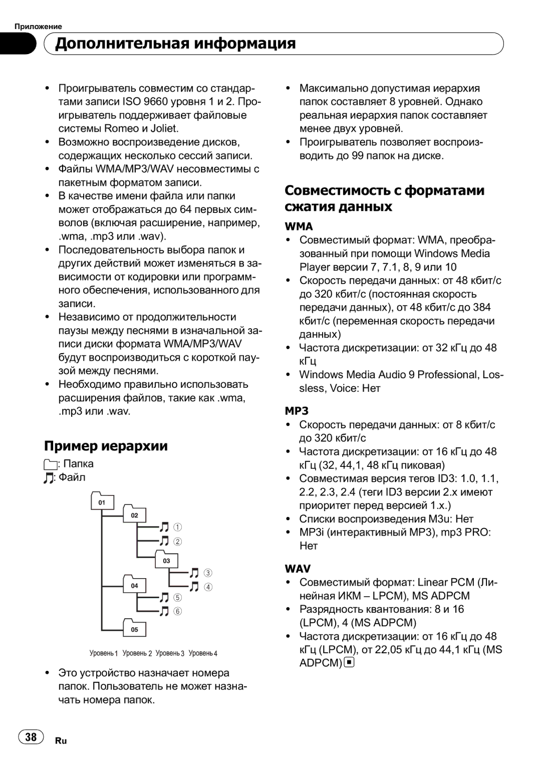 Pioneer DEH-2910MP operation manual Пример иерархии, Совместимость с форматами сжатия данных 