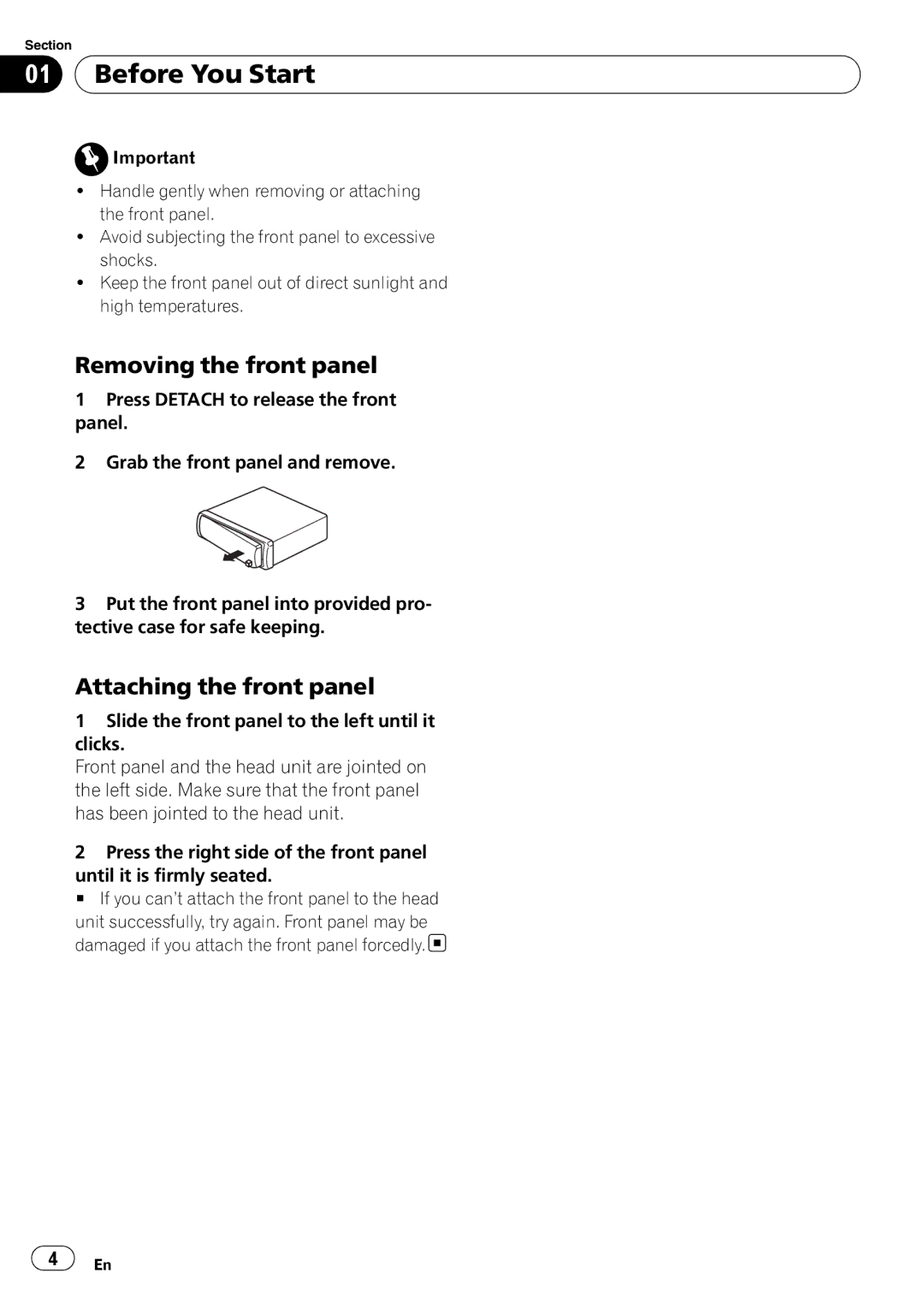 Pioneer DEH-2910MP operation manual Before You Start, Removing the front panel, Attaching the front panel 