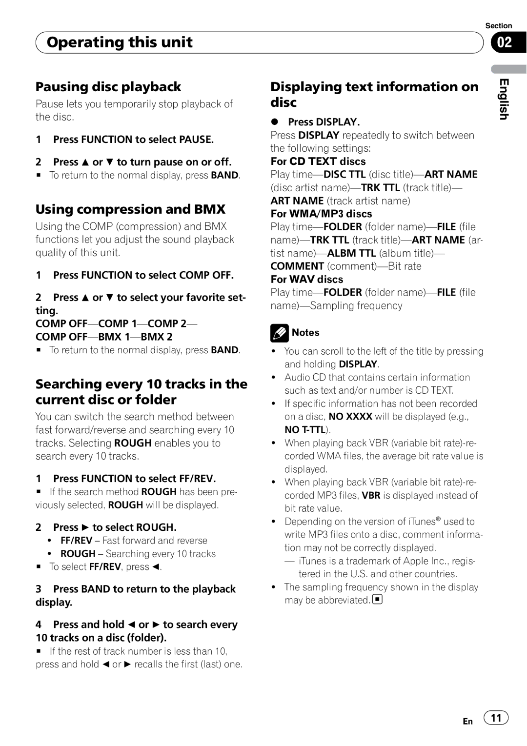 Pioneer DEH-3000MP operation manual Pausing disc playback, Using compression and BMX, Displaying text information on disc 