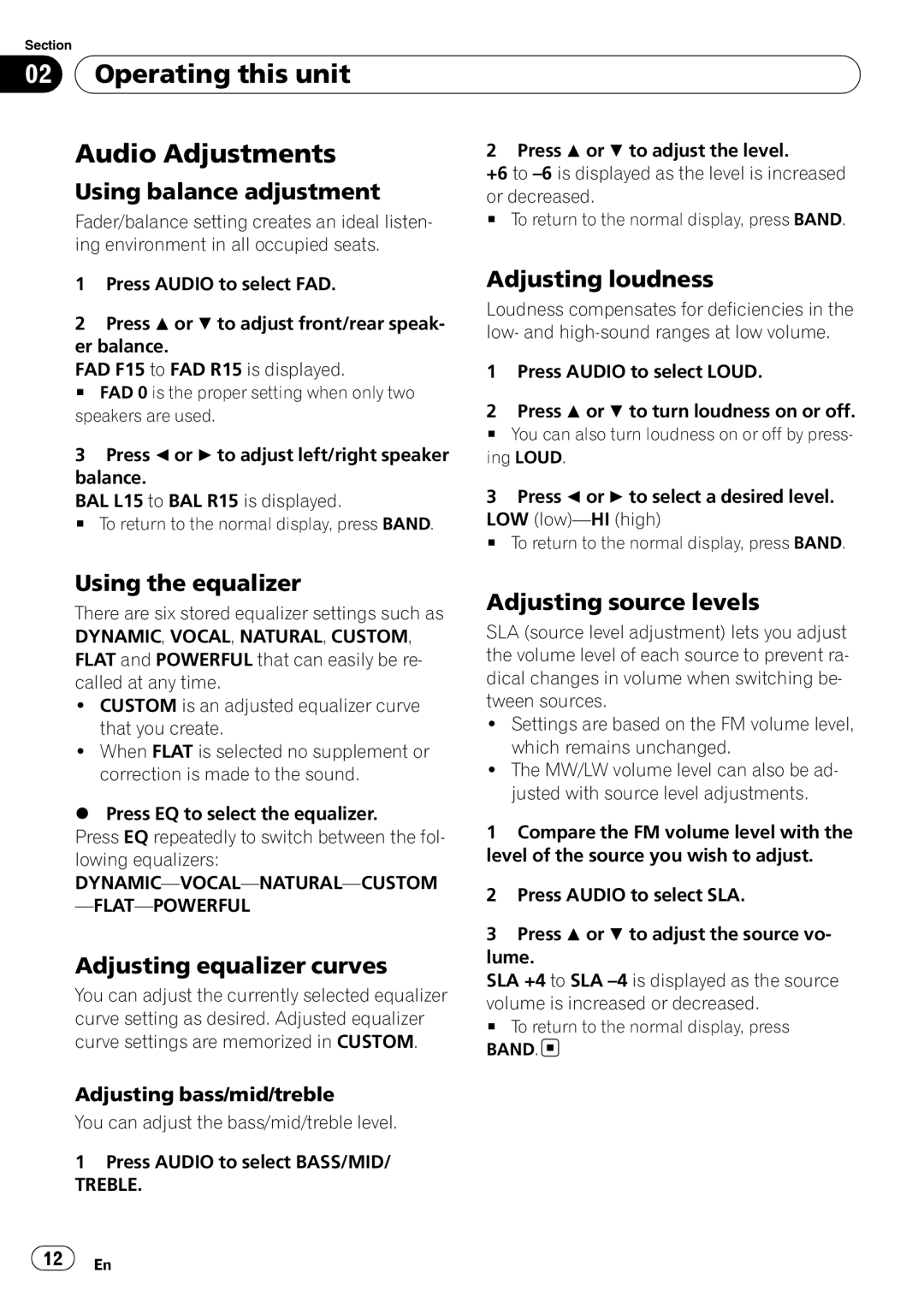 Pioneer DEH-3000MP operation manual Operating this unit Audio Adjustments 