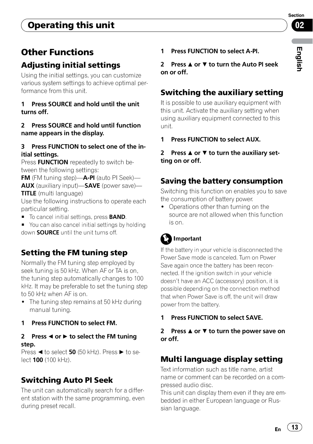 Pioneer DEH-3000MP operation manual Operating this unit Other Functions 