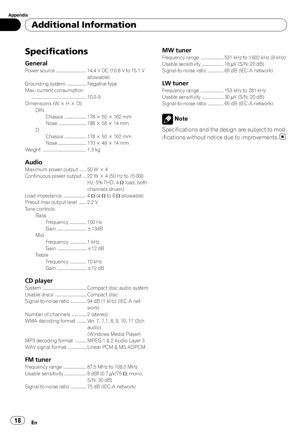 Pioneer DEH-3000MP operation manual Additional Information Specifications 