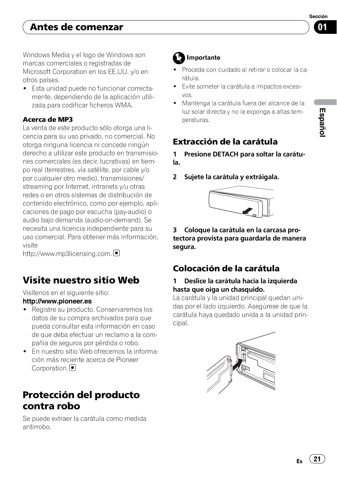 Pioneer DEH-3000MP Visite nuestro sitio Web, Protección del producto contra robo, Extracción de la carátula 