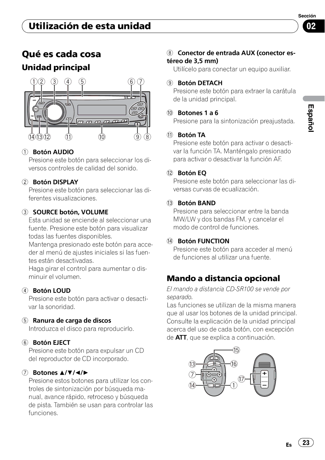 Pioneer DEH-3000MP Utilización de esta unidad Qué es cada cosa, Unidad principal, Mando a distancia opcional 