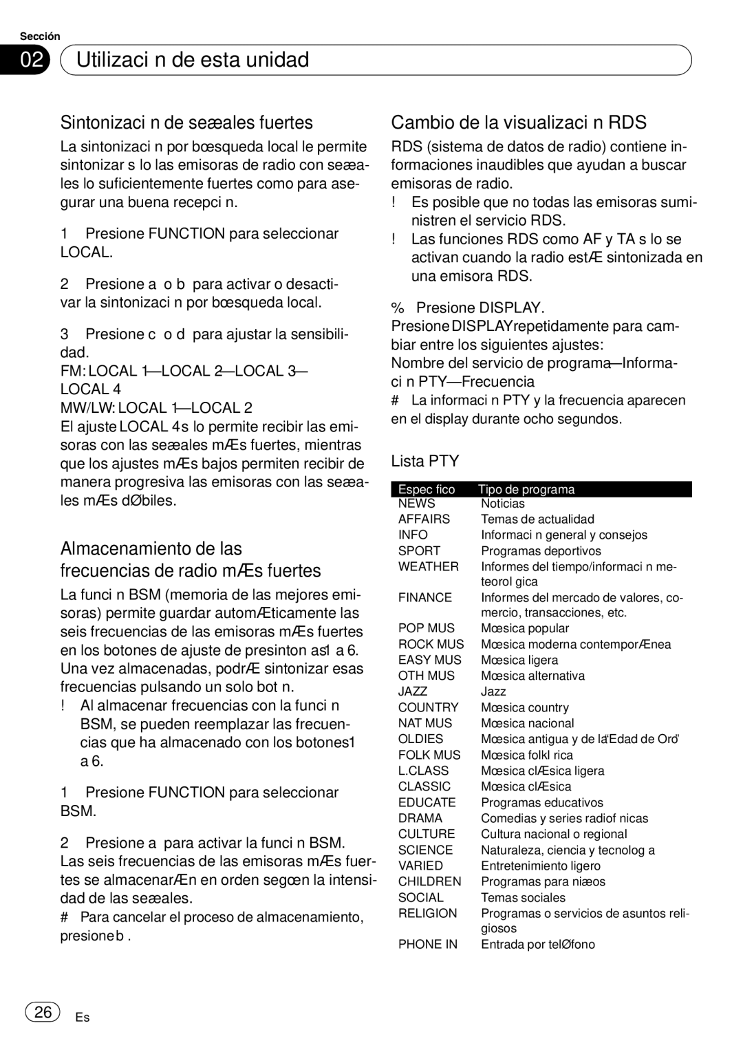 Pioneer DEH-3000MP operation manual Almacenamiento de las frecuencias de radio más fuertes, Lista PTY, Local 