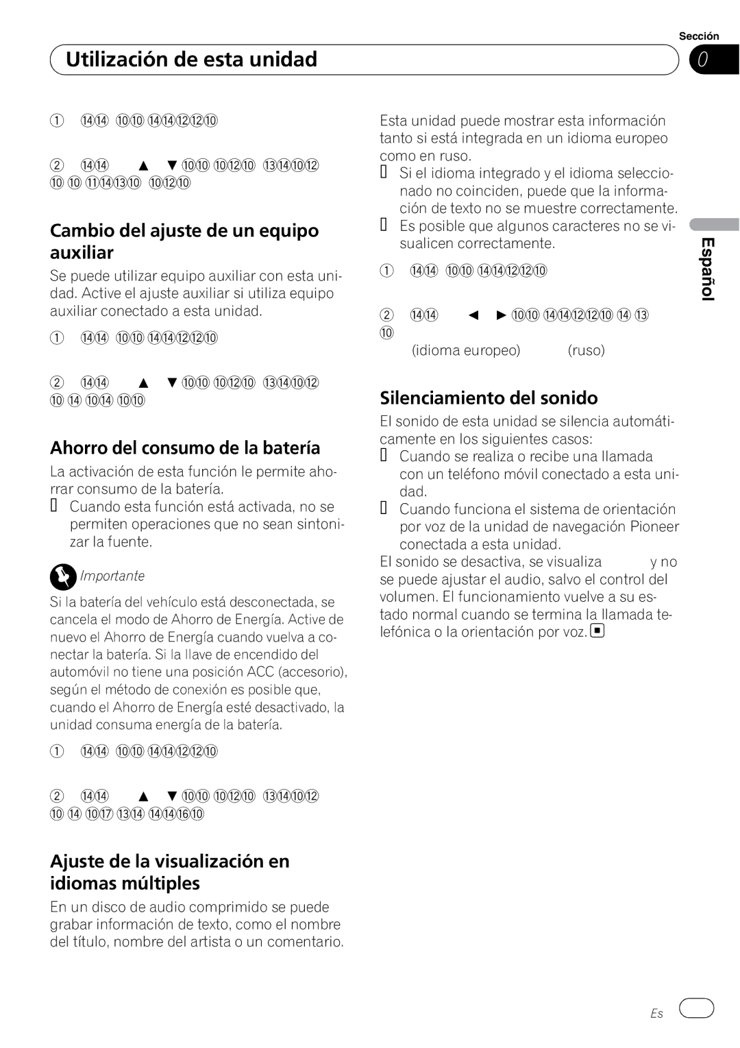 Pioneer DEH-3000MP Cambio del ajuste de un equipo auxiliar, Ahorro del consumo de la batería, Silenciamiento del sonido 