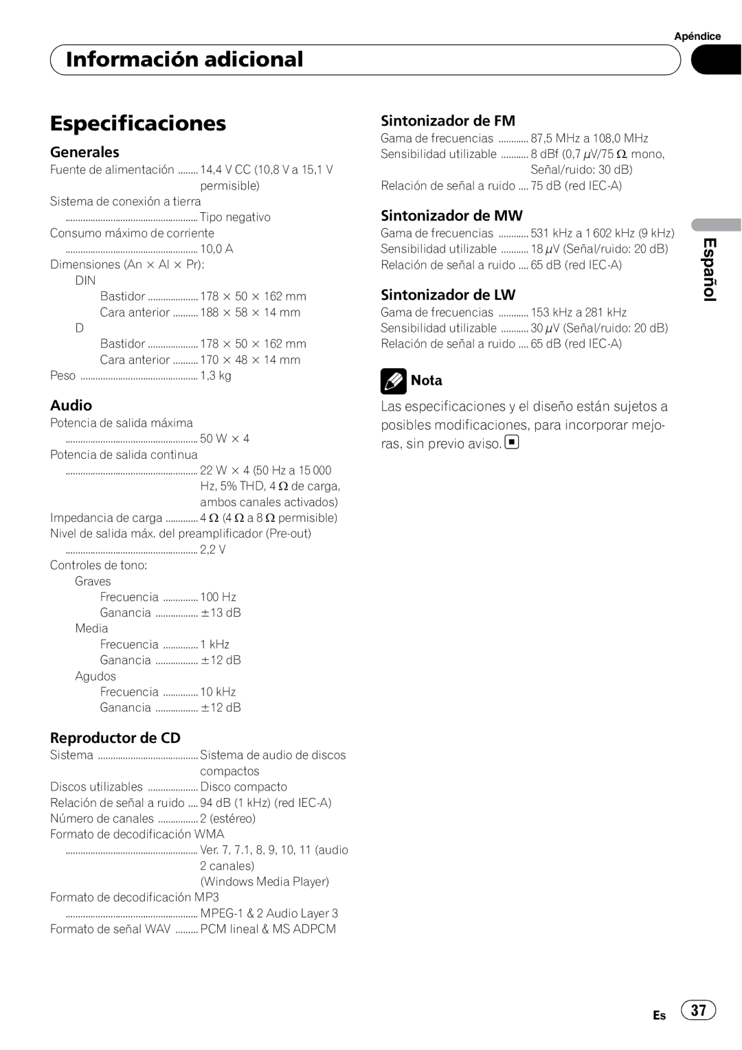 Pioneer DEH-3000MP operation manual Información adicional Especificaciones 