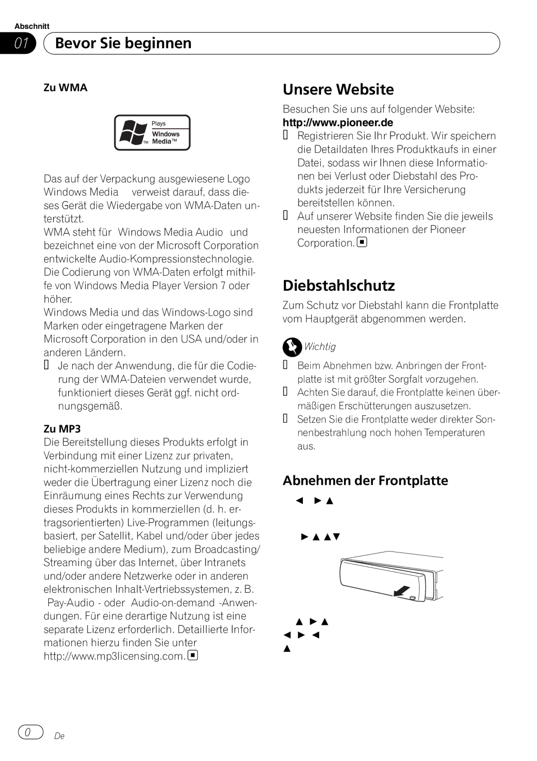 Pioneer DEH-3000MP operation manual Unsere Website, Diebstahlschutz, Abnehmen der Frontplatte 