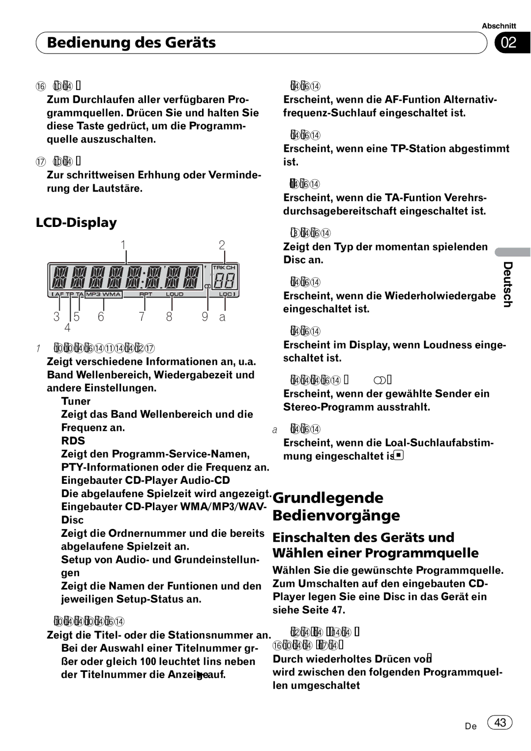 Pioneer DEH-3000MP operation manual Bedienung des Geräts, Grundlegende Bedienvorgänge, LCD-Display 