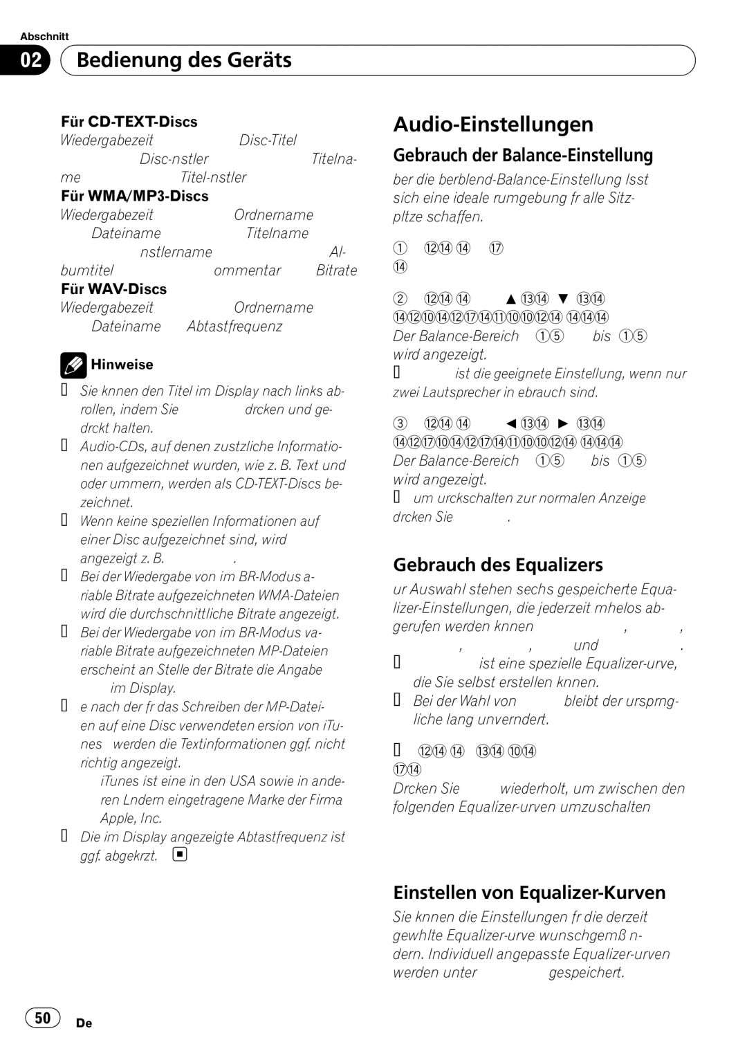 Pioneer DEH-3000MP operation manual Audio-Einstellungen, Gebrauch der Balance-Einstellung, Gebrauch des Equalizers 