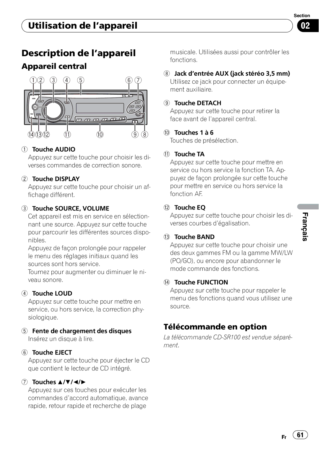 Pioneer DEH-3000MP Utilisation de l’appareil Description de l’appareil, Appareil central, Télécommande en option 