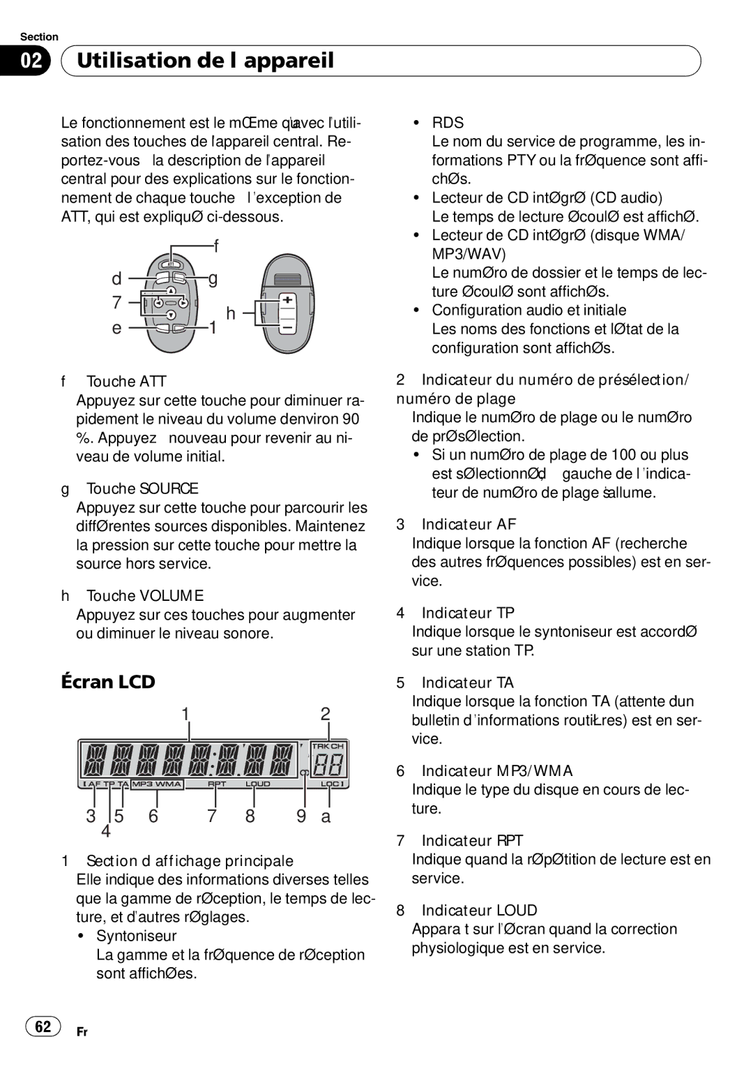 Pioneer DEH-3000MP operation manual Utilisation de l’appareil, Écran LCD 