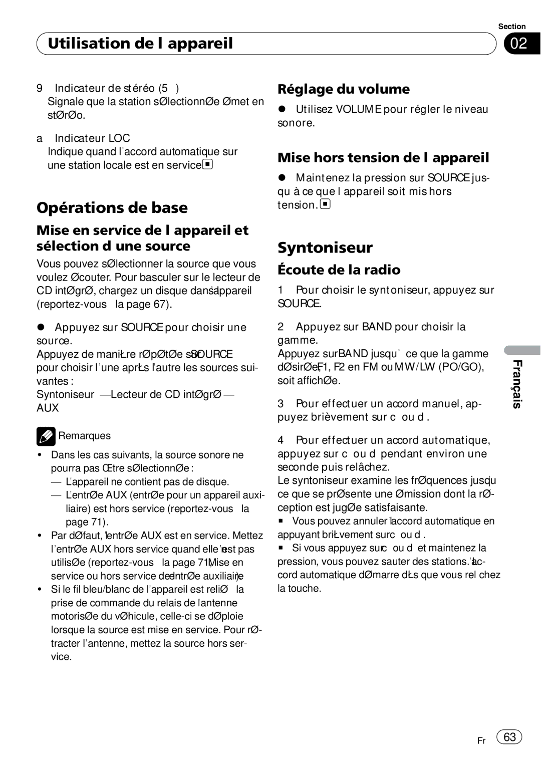 Pioneer DEH-3000MP operation manual Opérations de base, Syntoniseur 