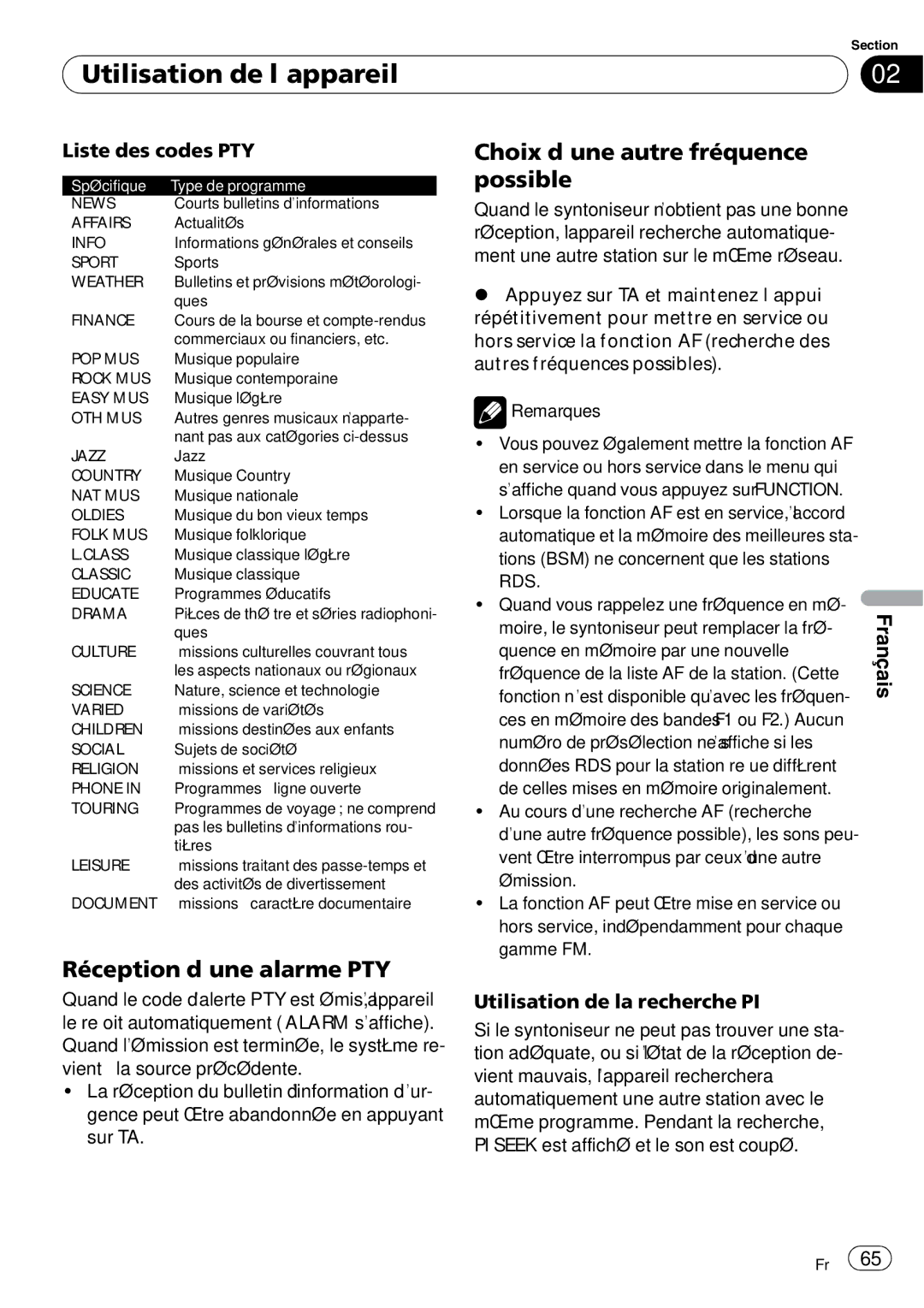 Pioneer DEH-3000MP operation manual Liste des codes PTY, Utilisation de la recherche PI 