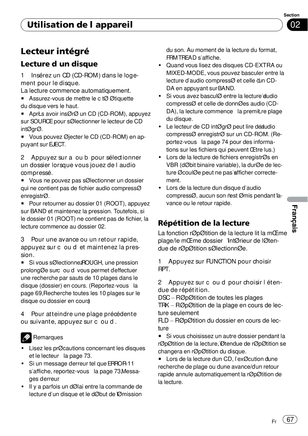 Pioneer DEH-3000MP Utilisation de l’appareil Lecteur intégré, Lecture d’un disque, Répétition de la lecture, Enregistré 