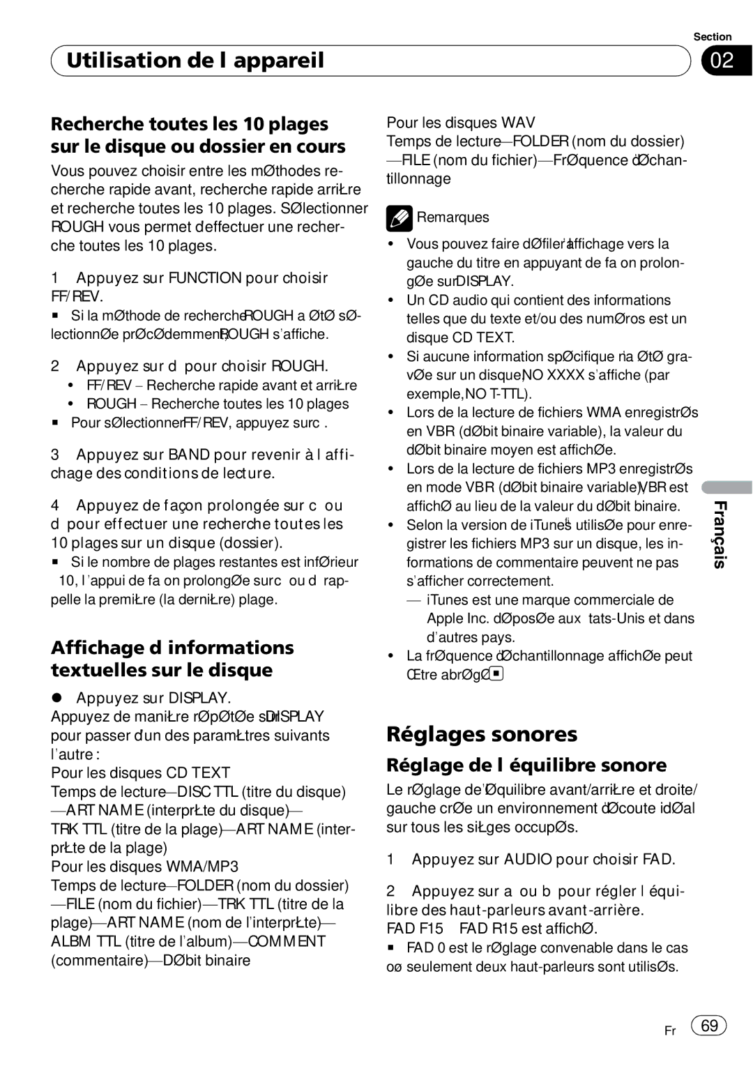 Pioneer DEH-3000MP Réglages sonores, Affichage d’informations textuelles sur le disque, Réglage de l’équilibre sonore 