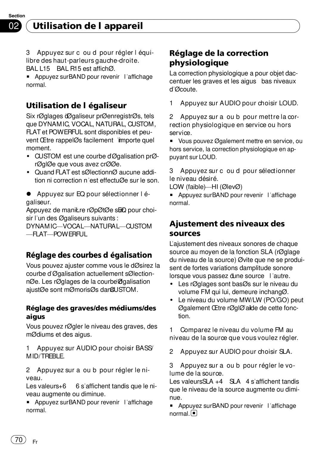 Pioneer DEH-3000MP Utilisation de l’égaliseur, Réglage des courbes d’égalisation, Réglage de la correction physiologique 