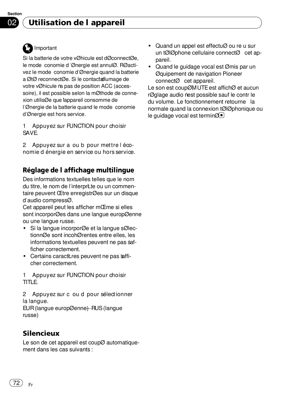 Pioneer DEH-3000MP operation manual Réglage de l’affichage multilingue, Silencieux 