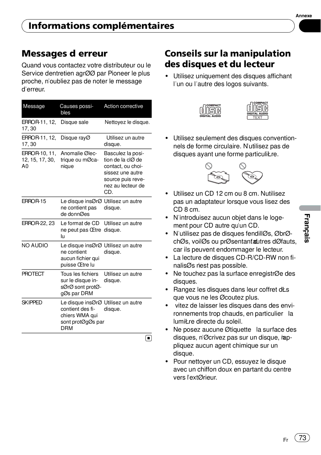 Pioneer DEH-3000MP Informations complémentaires Messages d’erreur, Conseils sur la manipulation des disques et du lecteur 