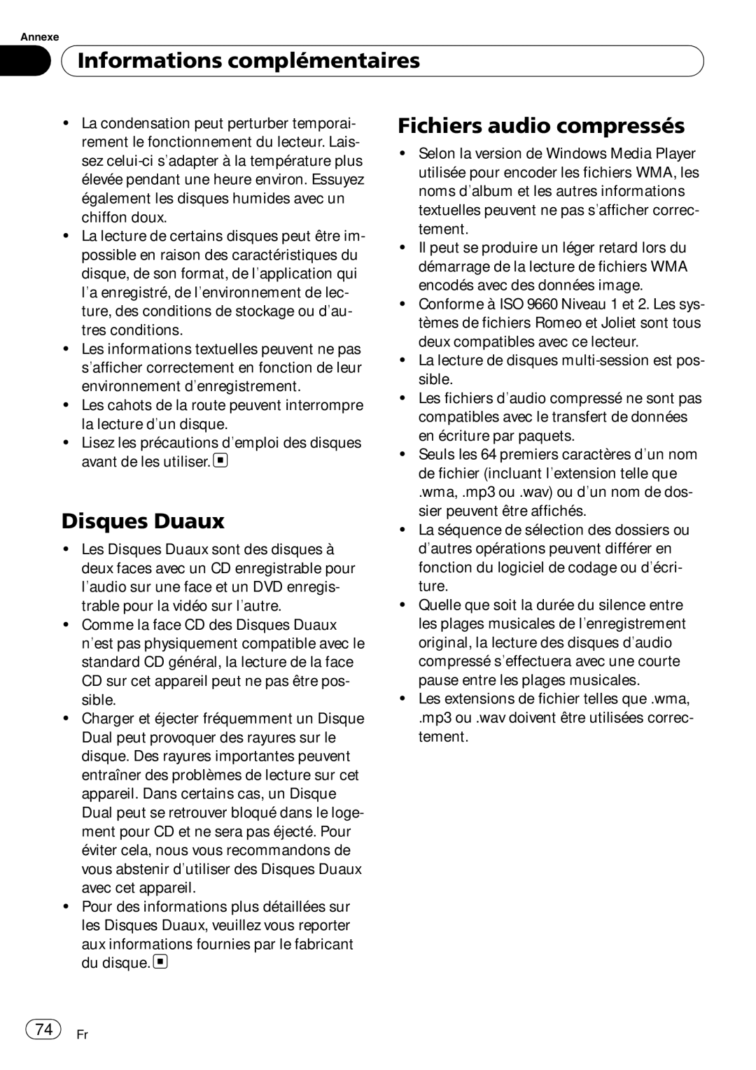 Pioneer DEH-3000MP operation manual Informations complémentaires, Disques Duaux, Fichiers audio compressés 