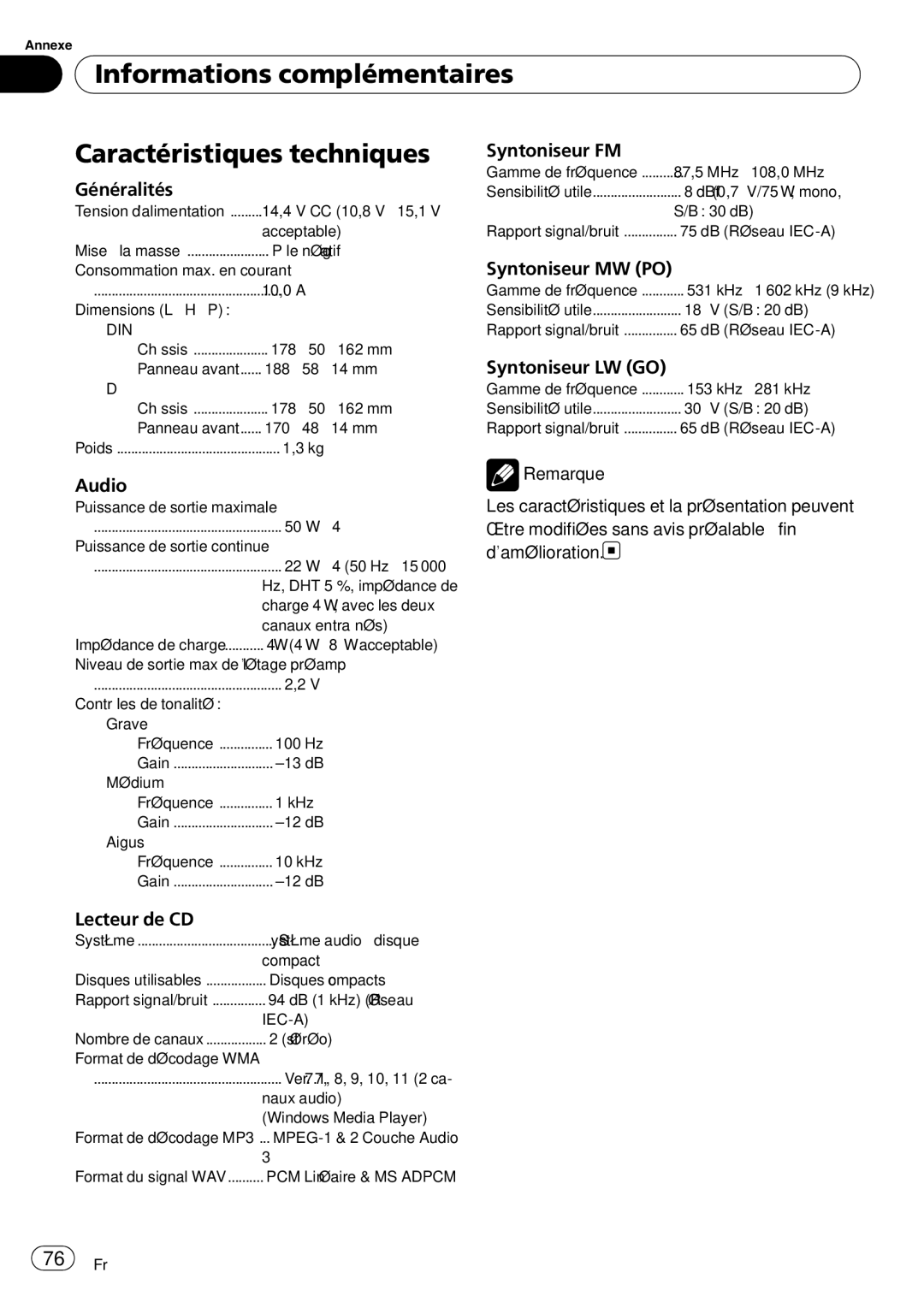 Pioneer DEH-3000MP operation manual Informations complémentaires Caractéristiques techniques, Généralités, Syntoniseur FM 