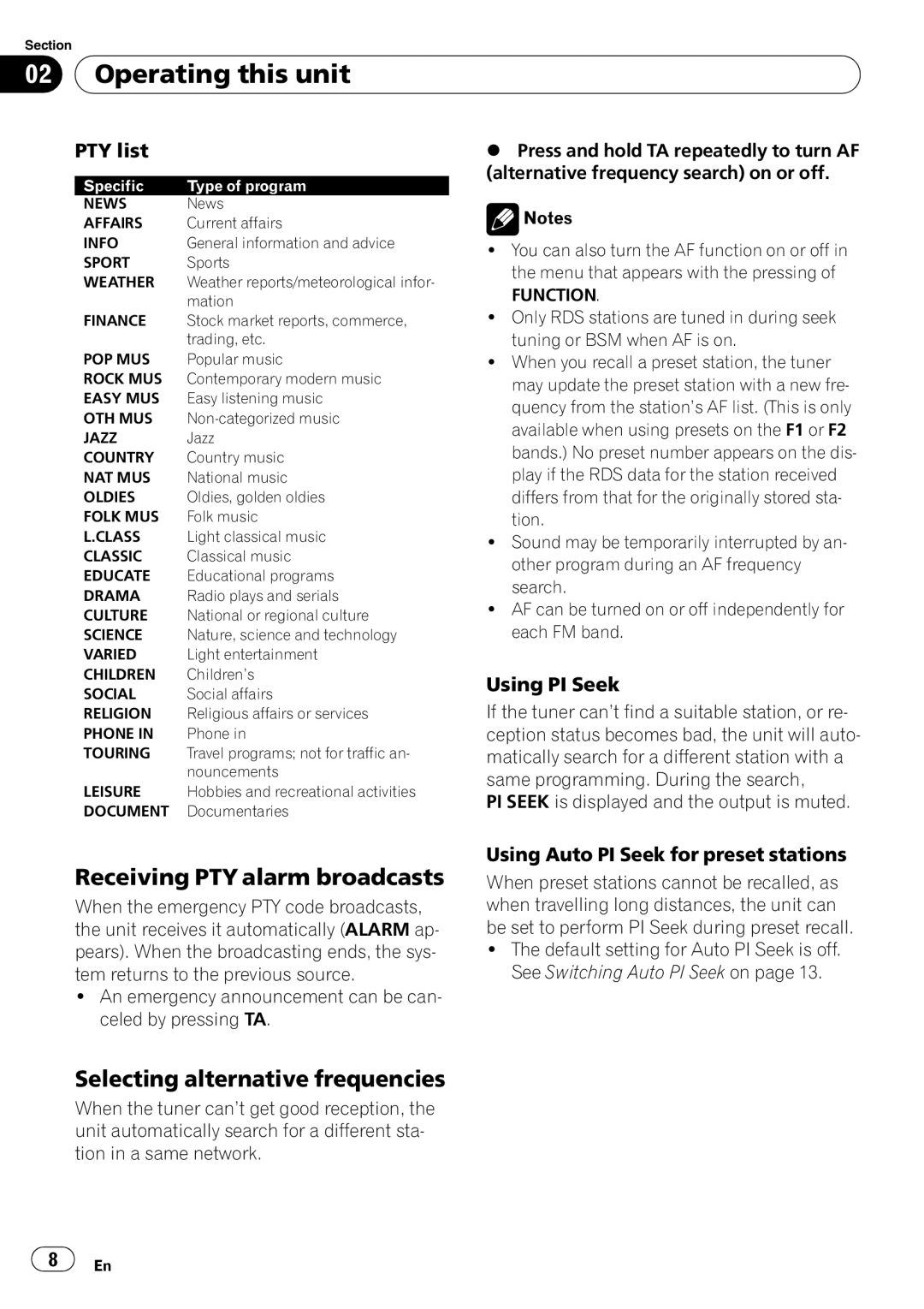 Pioneer DEH-3000MP Receiving PTY alarm broadcasts, Selecting alternative frequencies, PTY list, Using PI Seek 