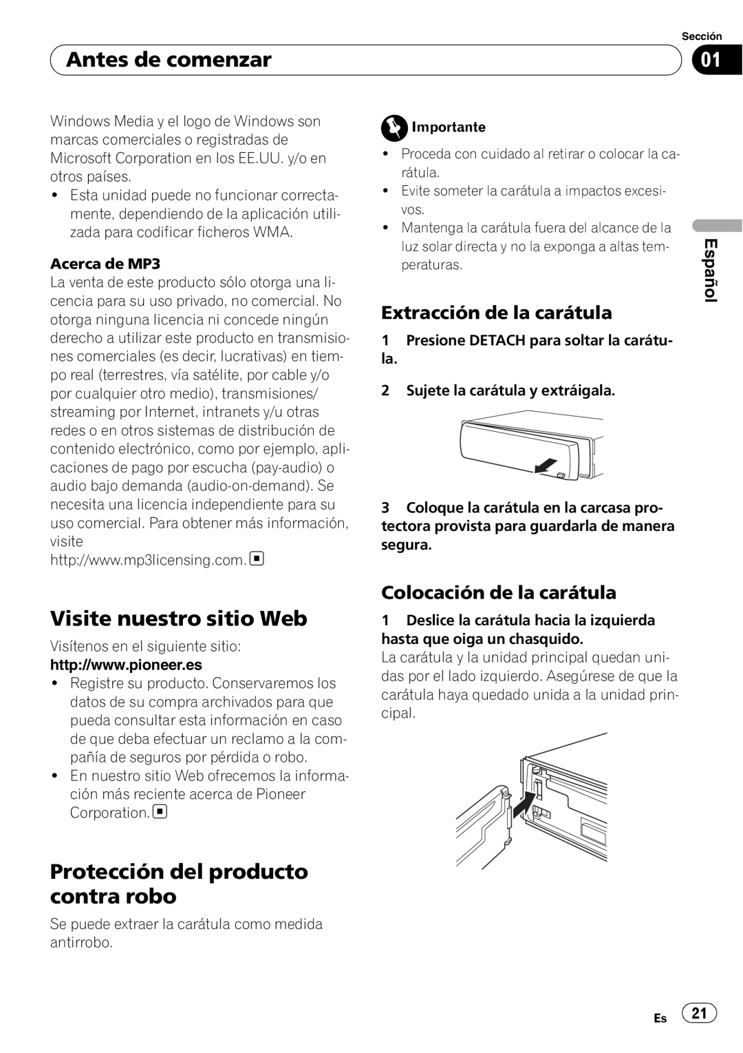 Pioneer DEH-3000MP Antes de comenzar, Visite nuestro sitio Web, Protección del producto contra robo, Español 