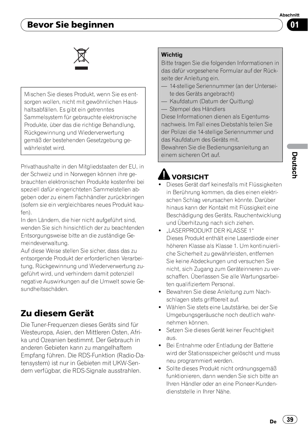 Pioneer DEH-3000MP operation manual Bevor Sie beginnen, Zu diesem Gerät, Deutsch 