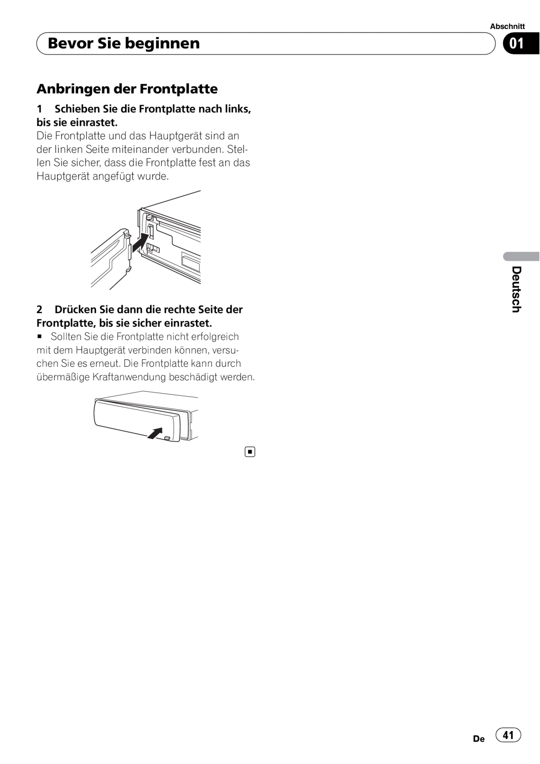Pioneer DEH-3000MP operation manual Anbringen der Frontplatte, Bevor Sie beginnen, Deutsch 