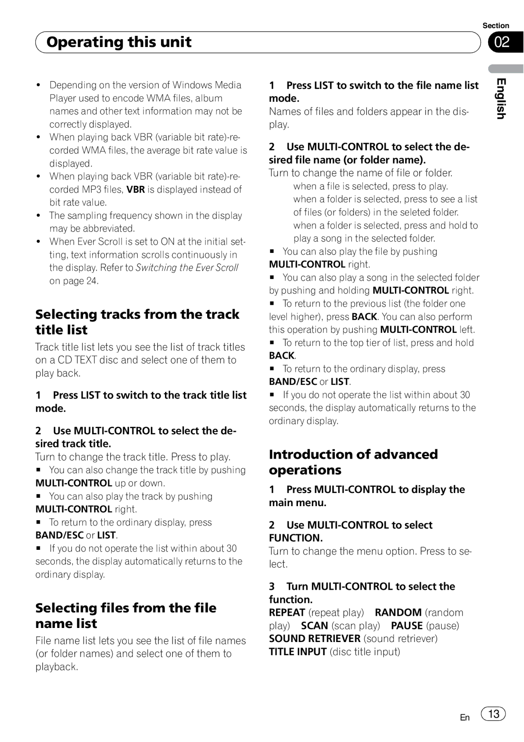 Pioneer DEH-3050UB operation manual Selecting tracks from the track title list, Selecting files from the file name list 