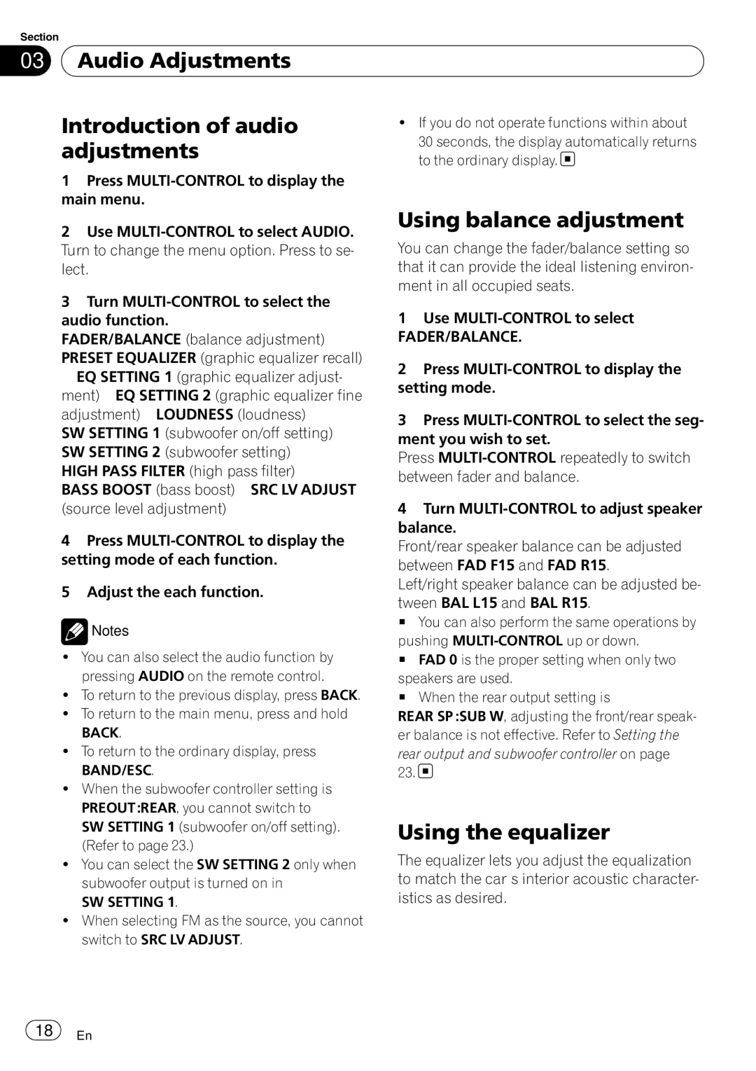 Pioneer DEH-3050UB operation manual Audio Adjustments Introduction of audio, Using balance adjustment, Using the equalizer 