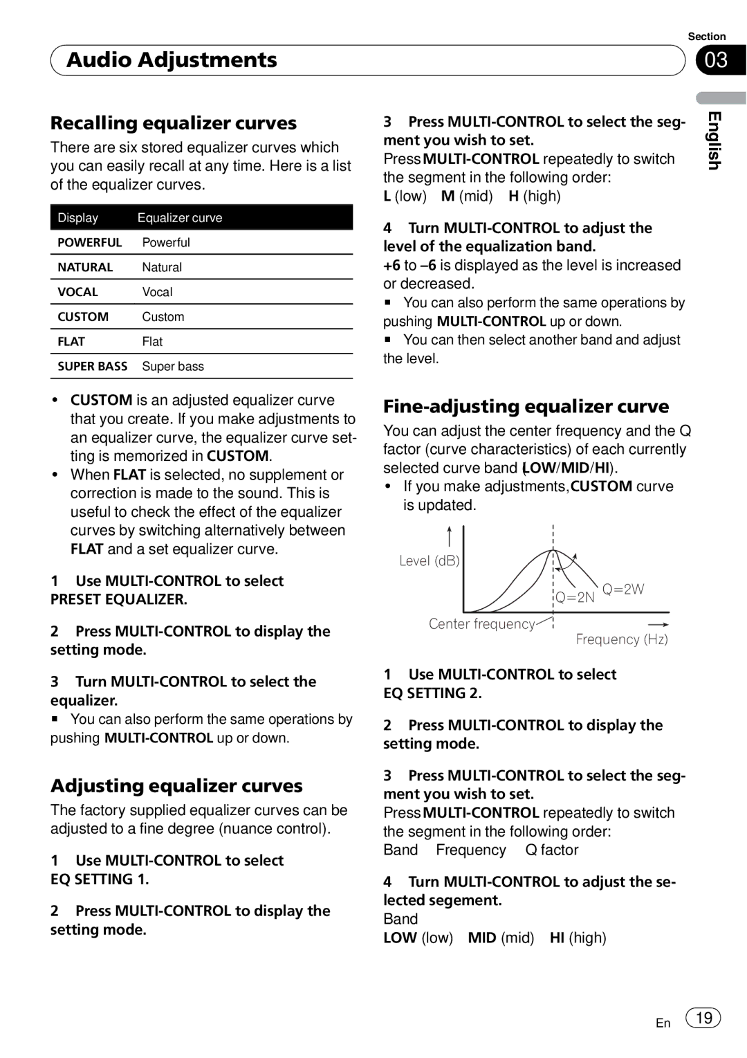 Pioneer DEH-3050UB operation manual Audio Adjustments, Recalling equalizer curves, Adjusting equalizer curves 