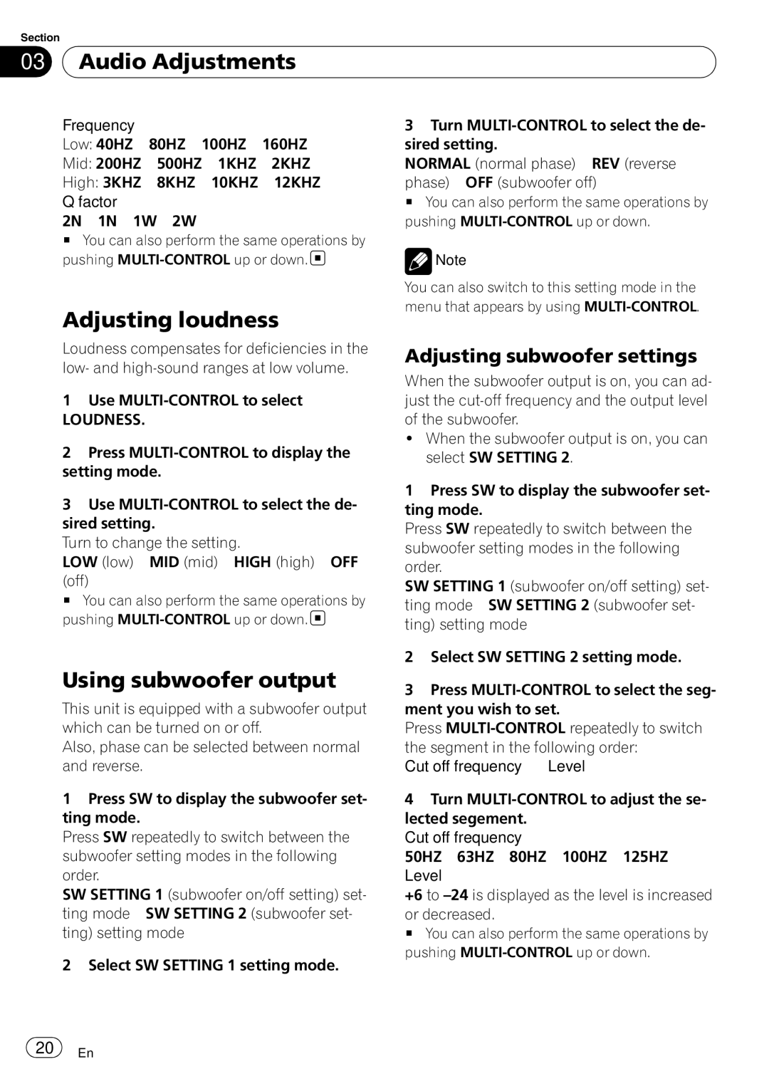 Pioneer DEH-3050UB operation manual Adjusting loudness, Using subwoofer output, Adjusting subwoofer settings, Loudness 